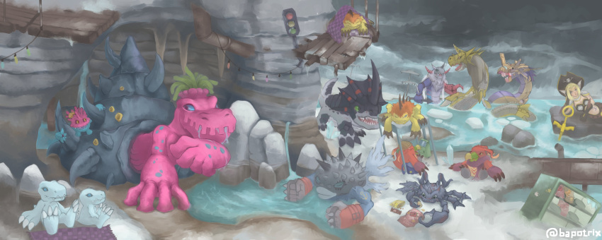 absurd_res anthro bandai_namco bapotrix coelamon crabmon digimon digimon_(species) female feral gizamon group hi_res humanoid male mermaimon metalseadramon monochromon muchomon pukumon relaxing sangomon shell shellmon snowagumon swimming water