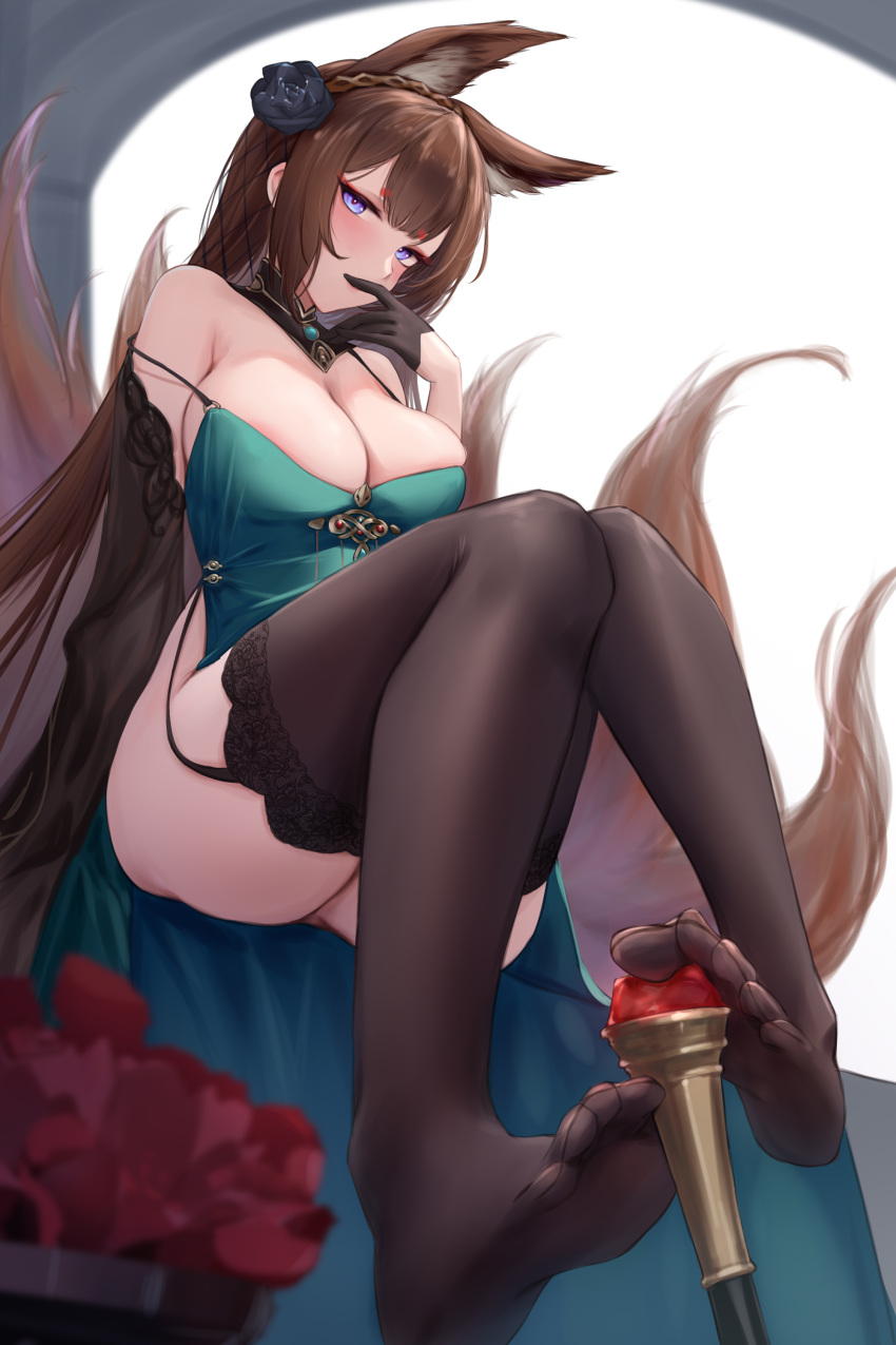 absurdres amagi_(azur_lane) amagi_(cv)_(azur_lane) amagi_(cv)_(throne_of_fallen_petals)_(azur_lane) animal_ear_fluff animal_ears azur_lane bare_shoulders black_flower black_gloves black_rose black_thighhighs braid breasts brown_hair cleavage commentary_request crown_braid dress e.c.ho female finger_to_mouth flower fox_ears fox_girl fox_tail gloves green_dress hair_flower hair_ornament highres kitsune knees_together_feet_apart knees_up kyuubi large_breasts long_hair looking_at_viewer multiple_tails official_alternate_costume purple_eyes rose simulated_footjob sitting skindentation soles solo strap_slip tail thighhighs thighs very_long_hair