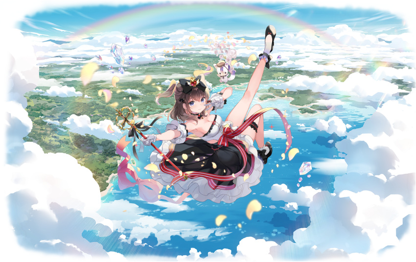 armpits artist_request azur_lane blue_eyes breasts brown_hair choker cleavage closed_mouth cloud cloudy_sky day dress female frills full_body gloves hair_ornament highres holding looking_at_viewer magical_girl medium_breasts medium_hair official_art outdoors petals puffy_sleeves rainbow ribbon shoes short_dress sky socks strapless strapless_dress thigh_strap twintails wand water z35_(azur_lane) z35_(himmel:_beyond_love's_boundaries)_(azur_lane)