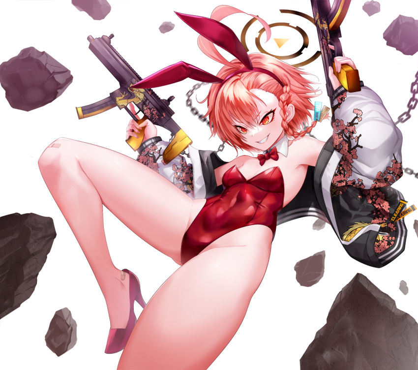 ahoge animal_ears black_halo blue_archive bow bowtie braid breasts chinese_commentary commentary_request covered_navel detached_collar dtcy fake_animal_ears female gun halo highleg highleg_leotard highres huge_ahoge jacket leotard mole mole_under_each_eye mole_under_eye multiple_moles neru_(blue_archive) neru_(bunny)_(blue_archive) official_alternate_costume orange_hair parted_lips playboy_bunny print_jacket rabbit_ears red_bow red_bowtie red_eyes red_footwear red_leotard rock short_hair sig_mpx simple_background single_braid small_breasts smile solo strapless strapless_leotard submachine_gun sukajan tag weapon white_background