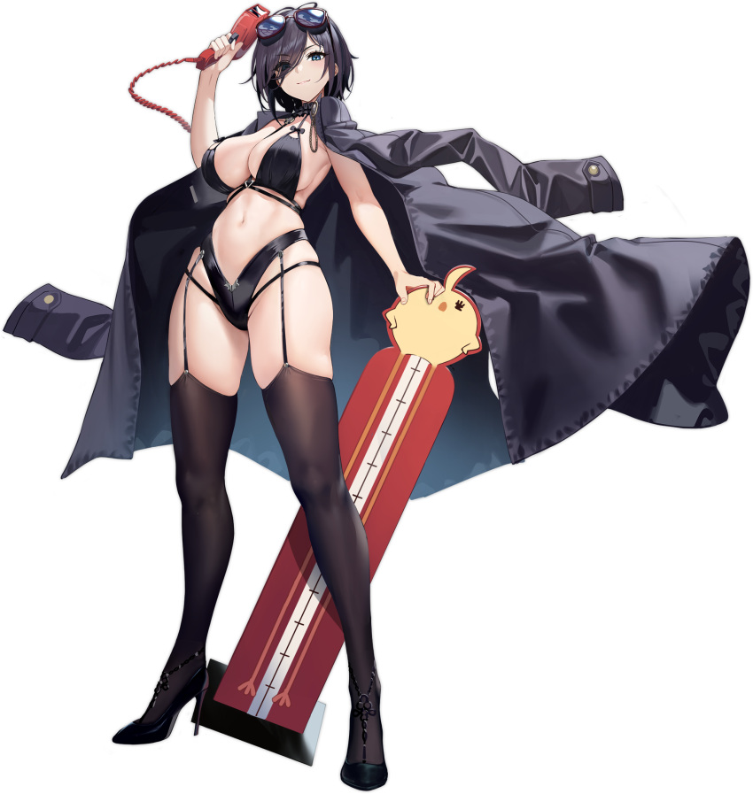 ark_royal_(azur_lane) ark_royal_(order_amidst_amusement)_(azur_lane) artist_request azur_lane bikini black_hair breasts closed_mouth coat coat_on_shoulders eyewear_on_head female full_body garter_straps hair_over_one_eye high_heels highres holding holding_scanner looking_at_viewer manjuu_(azur_lane) medium_breasts navel official_art short_hair smile solo standing stomach sunglasses swimsuit thighhighs thighs