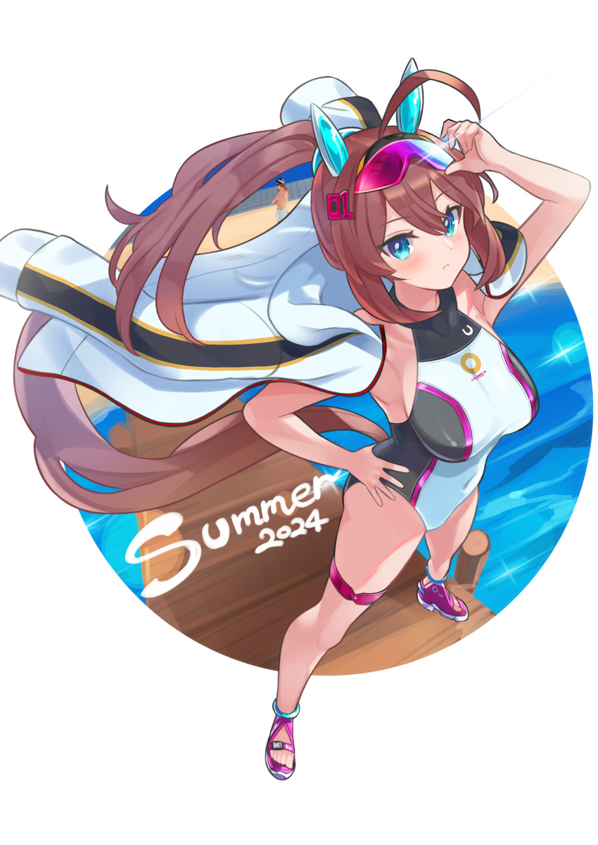 2024 absurdres animal_ears blue_eyes brown_hair casual_one-piece_swimsuit dock ear_covers eyewear_on_head female hand_on_own_hip highres horse_ears horse_girl horse_tail jacket jacket_on_shoulders long_hair mihono_bourbon_(umamusume) multicolored_clothes multicolored_swimsuit one-piece_swimsuit pier solo sunglasses swimsuit tail toeless_footwear umamusume white_jacket white_one-piece_swimsuit yokoji_(kodai2015)