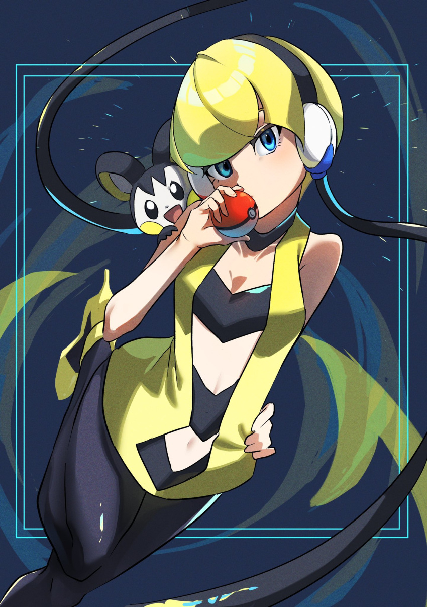 animal_on_shoulder bare_arms black_choker black_pantyhose blonde_hair blue_eyes blunt_bangs breasts choker cleavage collarbone commentary_request dress elesa_(pokemon) emolga female flying_squirrel hand_on_own_hip hand_up headphones high_heels highres holding holding_poke_ball leg_up low_neckline midriff pantyhose poke_ball poke_ball_(basic) pokemon pokemon_(creature) pokemon_bw rias_sk1 short_dress short_hair sleeveless sleeveless_dress squirrel yellow_dress yellow_footwear