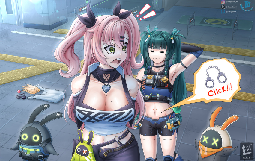 2girls :3 =_= arm_strap arm_up armpits bangboo_(zenless_zone_zero) bare_shoulders black_ribbon black_shorts breasts cleavage clothing_cutout commentary crop_top cuffs dayqua eous_(zenless_zone_zero) green_eyes hair_ribbon handcuffs highres long_hair midriff multiple_girls navel nicole_demara open_mouth pink_hair qingyi_(zenless_zone_zero) ribbon securityboo_(zenless_zone_zero) shirt shorts shoulder_cutout sleeveless sleeveless_shirt stomach two_side_up very_long_hair x_x zenless_zone_zero