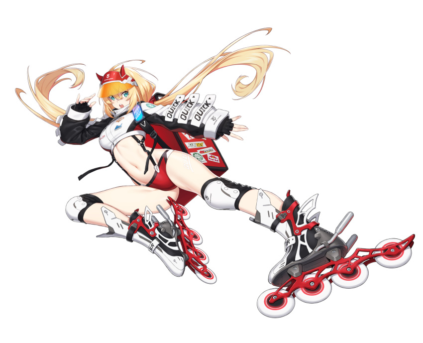 black_gloves blonde_hair blue_eyes breasts counter:side crop_top female fingerless_gloves full_body gloves highres lara_jaeger leg_tattoo long_hair navel official_art roller_skates shorts skates solo stomach tachi-e tattoo transparent_background twintails visor_cap