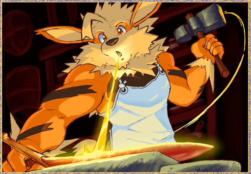 anthro apron arcanine black_body black_fur blacksmith blacksmith_apron blacksmithing clothed clothing dahecksajerry fire fur generation_1_pokemon hammer holding_hammer holding_object holding_tool multicolored_body multicolored_fur nintendo open_mouth orange_arms orange_body orange_ears orange_fingers orange_fur orange_hands pokemon pokemon_(species) solo tan_body tan_fur tools