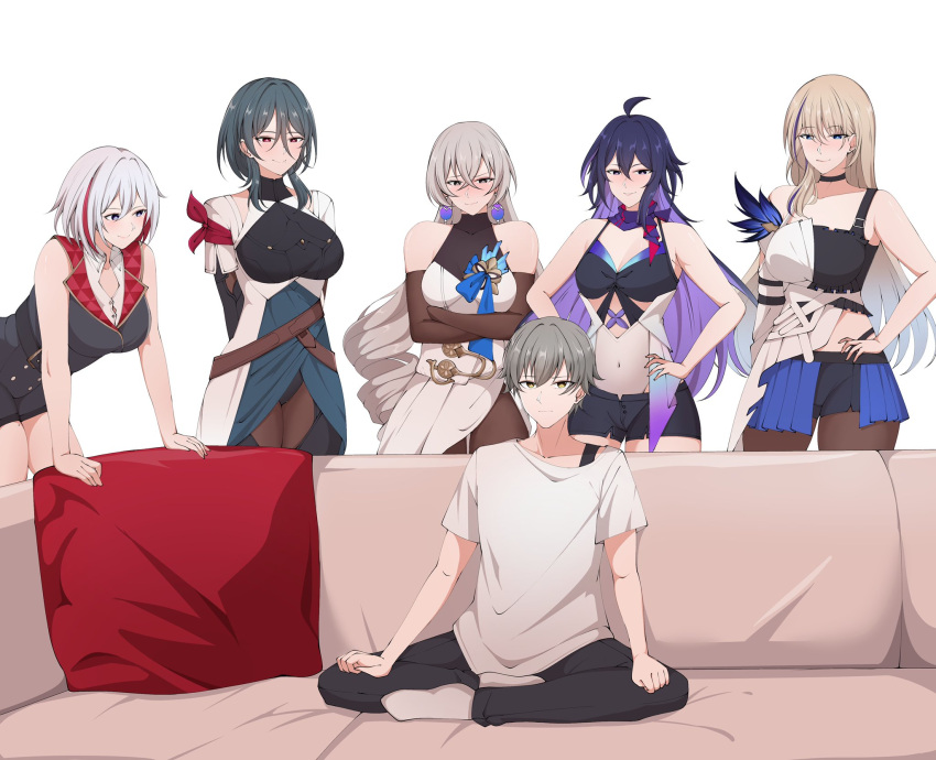 1boy 5girls ahoge alternate_costume arms_behind_back arms_under_breasts bare_shoulders black_choker blonde_hair blue_eyes blue_hair blush breasts bronya_rand brown_hair caelus_(honkai:_star_rail) casting_couch centauri-d choker closed_mouth colored_inner_hair couch crossed_arms cushion english_commentary grey_hair hair_between_eyes hair_ornament hands_on_own_hips hands_on_own_knees harem highres honkai:_star_rail honkai_(series) imminent_gangbang indian_style large_breasts long_hair looking_at_another meme multicolored_hair multiple_girls natasha_(honkai:_star_rail) navel on_couch pillow piper_perri_surrounded_(meme) purple_eyes purple_hair red_hair seele_(honkai:_star_rail) serval_landau shirt short_hair simple_background sitting smile standing stomach streaked_hair surrounded topaz_(honkai:_star_rail) trailblazer_(honkai:_star_rail) white_background white_hair white_shirt you_gonna_get_raped