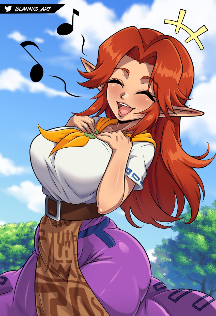 ^_^ absurdres blannis blush breasts brown_hair closed_eyes cloud english_commentary female hands_on_own_chest highres large_breasts long_hair long_skirt malon musical_note neckerchief open_mouth pointy_ears purple_skirt shirt shirt_tucked_in skirt sky smile solo the_legend_of_zelda the_legend_of_zelda:_ocarina_of_time tree twitter_logo twitter_username white_shirt wide_hips yellow_neckerchief