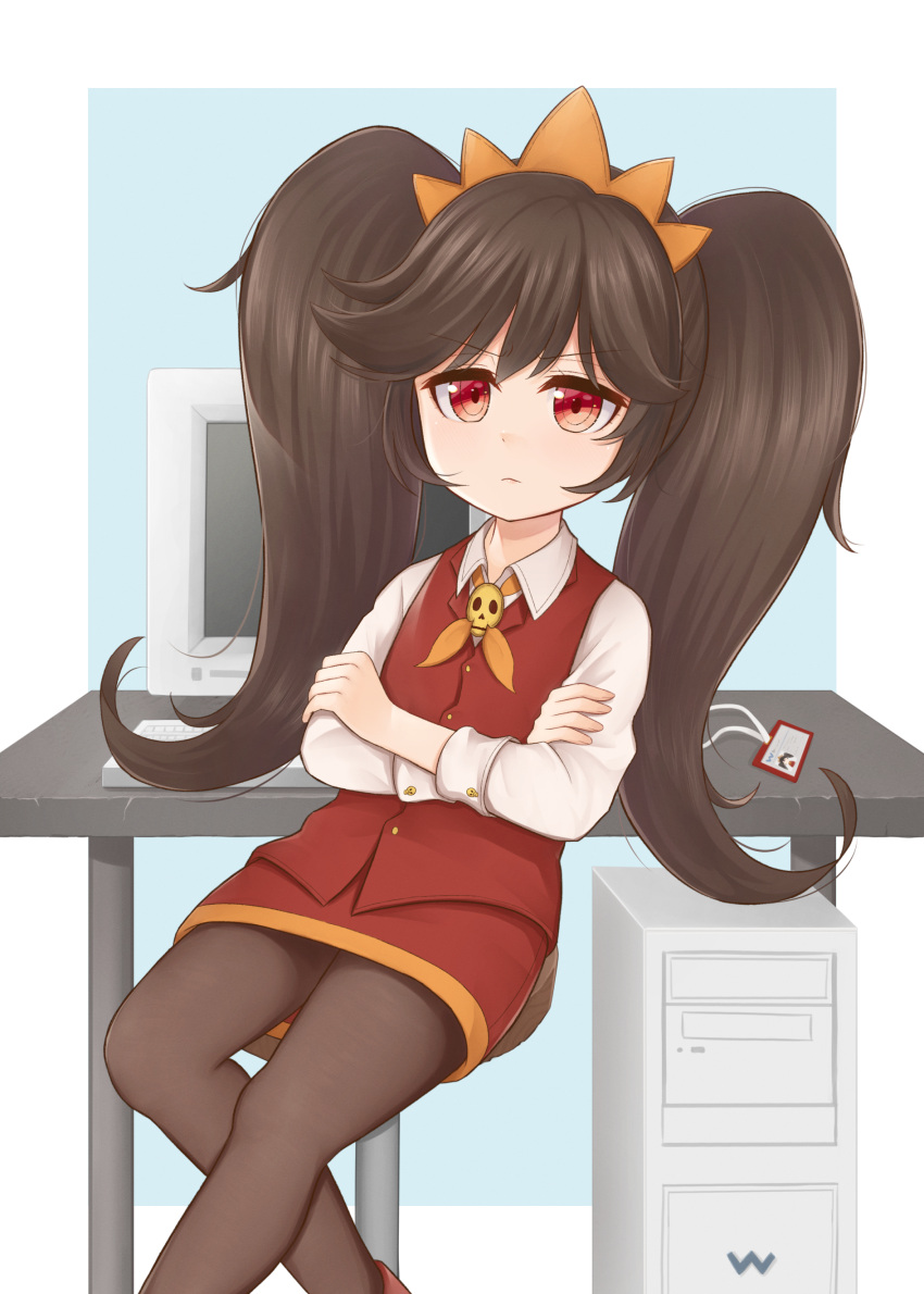 absurdres alternate_costume ashley_(warioware) atorie black_hair crossed_arms dress female frown hair_ornament highres id_card long_hair looking_at_viewer monitor office_lady pantyhose sidelocks sitting skull_brooch solo tiara twintails very_long_hair warioware