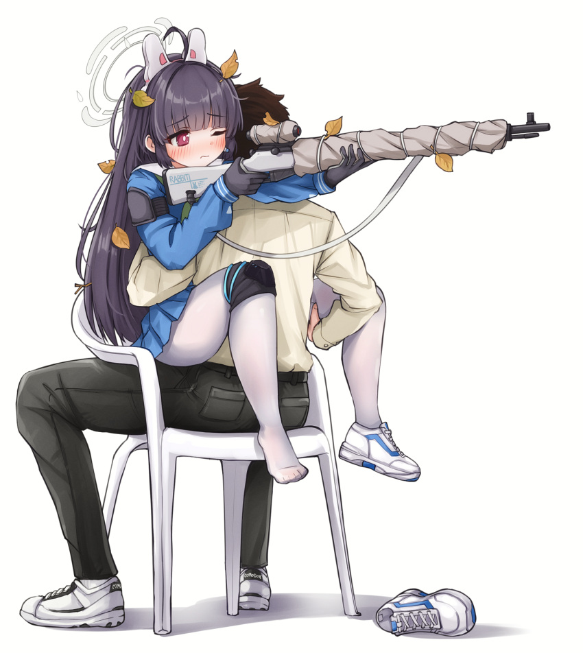 1boy animal_ears black_gloves blue_archive blue_serafuku blunt_bangs blush bolt_action brown_hair chair comodomodo denim fake_animal_ears female gloves gun halo headband highres hime_cut holding holding_weapon jeans knee_pads leaf leaf_on_head long_hair looking_through_scope miyu_(blue_archive) mosin-nagant no_shoes one_eye_closed pants pantyhose rifle school_uniform sensei_(blue_archive) serafuku shirt shoes sidelocks simple_background single_knee_pad sitting sniping soles unworn_shoe wavy_mouth weapon white_background white_pantyhose yellow_shirt