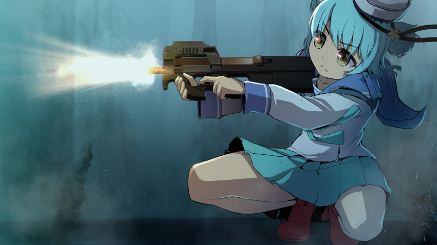 aqua_hair aqua_neckerchief aqua_skirt blue_sailor_collar bullpup dixie_cup_hat double_bun female gun gunslinger_girl hair_bun hat hat_ribbon henrietta_(gunslinger_girl) highres holding holding_gun holding_weapon kantai_collection long_sleeves military_hat miniskirt narashika_asuka navy_cross neckerchief p90 pleated_skirt ribbon sailor_collar samuel_b._roberts_(kancolle) skirt sleeve_cuffs solo squatting submachine_gun united_states_medal_of_honor weapon white_hat yellow_eyes