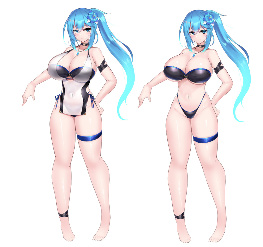 arm_strap bandeau bikini blue_eyes blue_hair breasts female flower hair_flower hair_ornament highleg highleg_bikini highres huge_breasts kutan long_hair looking_at_viewer original ortina_lillibel_(yashiro_sousaku) ponytail smile solo swimsuit thigh_strap thighs