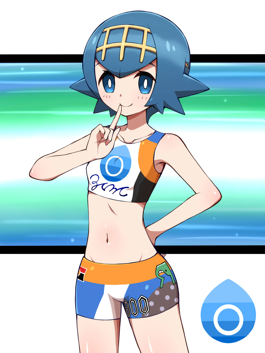 absurdres bare_arms bike_shorts blue_eyes blue_hair bright_pupils closed_mouth collarbone cosplay cowboy_shot crop_top eyelashes female freckles hairband hand_up highres lana_(pokemon) navel nessa_(pokemon) nessa_(pokemon)_(cosplay) no_sclera pokemon pokemon_sm pokemon_swsh shabana_may shiny_skin short_hair sleeveless smile solo white_pupils yellow_hairband