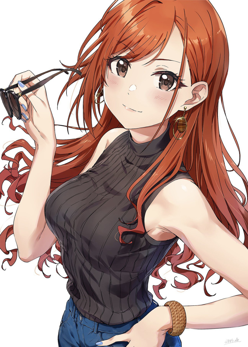 arisugawa_natsuha ayano_yuu_(sonma_1426) bangle bare_arms bare_shoulders black_eyes black_shirt blue_nails bracelet commentary denim earrings female highres idolmaster idolmaster_shiny_colors jeans jewelry long_hair looking_at_viewer nail_polish orange_hair pants shirt sleeveless sleeveless_shirt sleeveless_turtleneck solo sunglasses turtleneck unworn_eyewear white_background