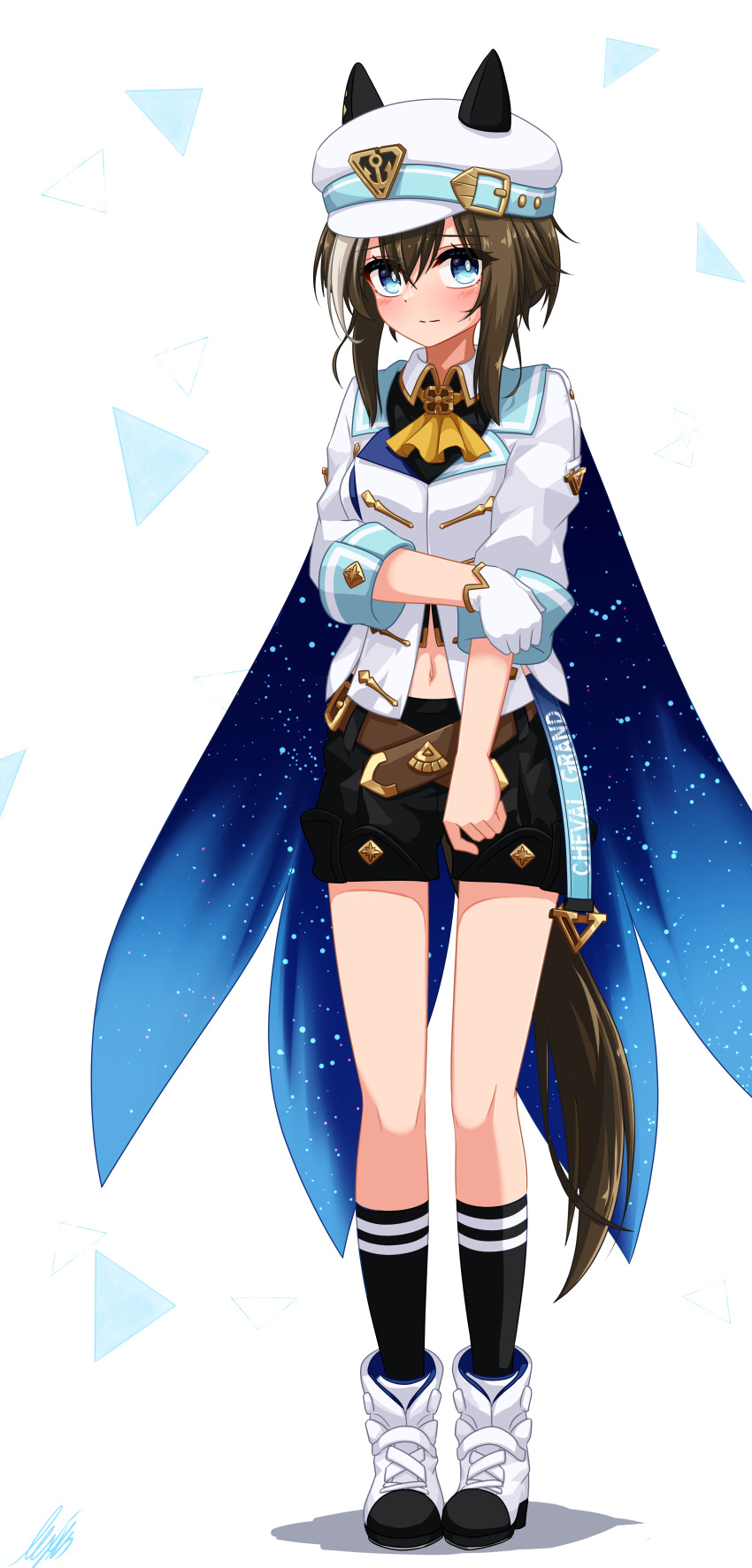 absurdres animal_ears ascot black_shirt black_shorts black_socks blue_eyes blush boots breasts brown_hair cape cheval_grand_(umamusume) closed_mouth collared_shirt crop_top female full_body hat hat_belt highres horse_ears horse_girl horse_tail jacket kneehighs lexis_yayoi long_sleeves midriff_peek multicolored_hair navel shirt shorts signature small_breasts socks solo standing streaked_hair tail umamusume white_footwear white_hat white_jacket yellow_ascot