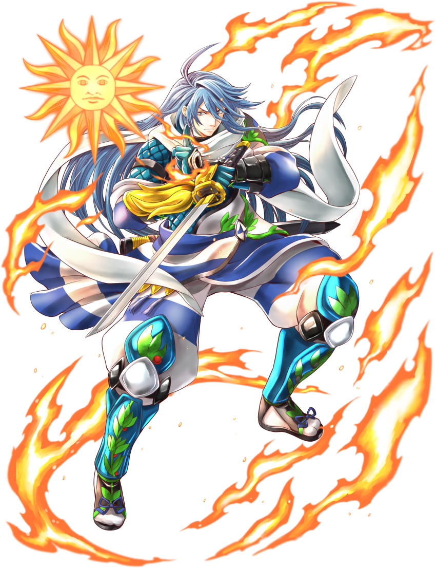 1boy absurdres armor artist_request blue_eyes blue_hair check_commentary commentary_request crossed_arms fire hair_between_eyes highres holding holding_weapon japanese_armor japanese_clothes long_hair male_focus samurai scarf sun_symbol sword transparent_background uruguay uruguayan_flag weapon white_scarf world_flags