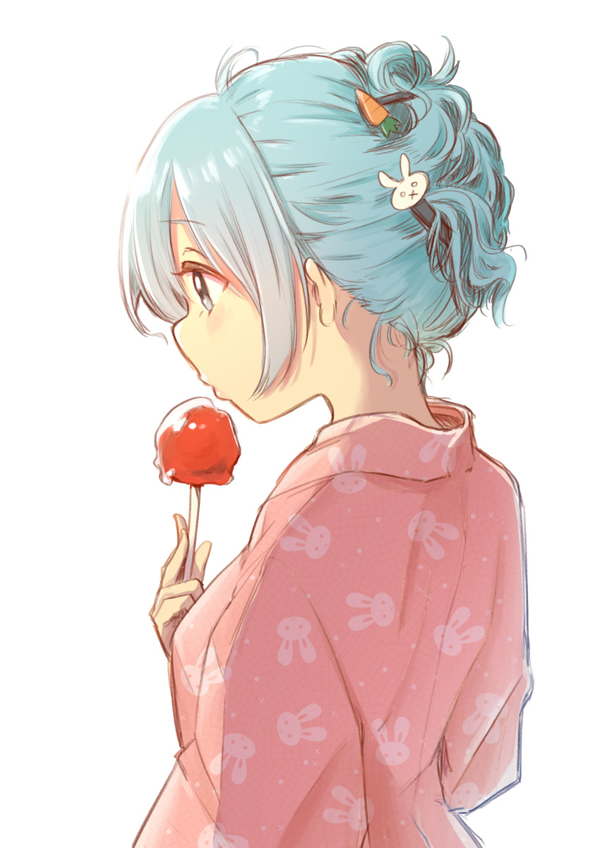 absurdres animal_print aqua_hair candy_apple carrion1129 female food from_side hair_ornament hair_up hairclip highres japanese_clothes kimono nape original profile rabbit_hair_ornament rabbit_print solo upper_body white_background yukata