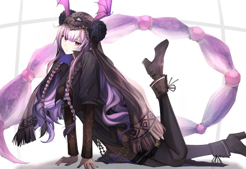 absurdres arknights arm_support black_dress black_footwear boots braid commentary dress female head_wings high_heel_boots high_heels highres kiyakyuu leg_up long_hair long_sleeves looking_at_viewer manticore_(arknights) manticore_(under_a_veil)_(arknights) official_alternate_costume purple_eyes purple_hair scorpion_tail solo tail twin_braids veil very_long_hair wings