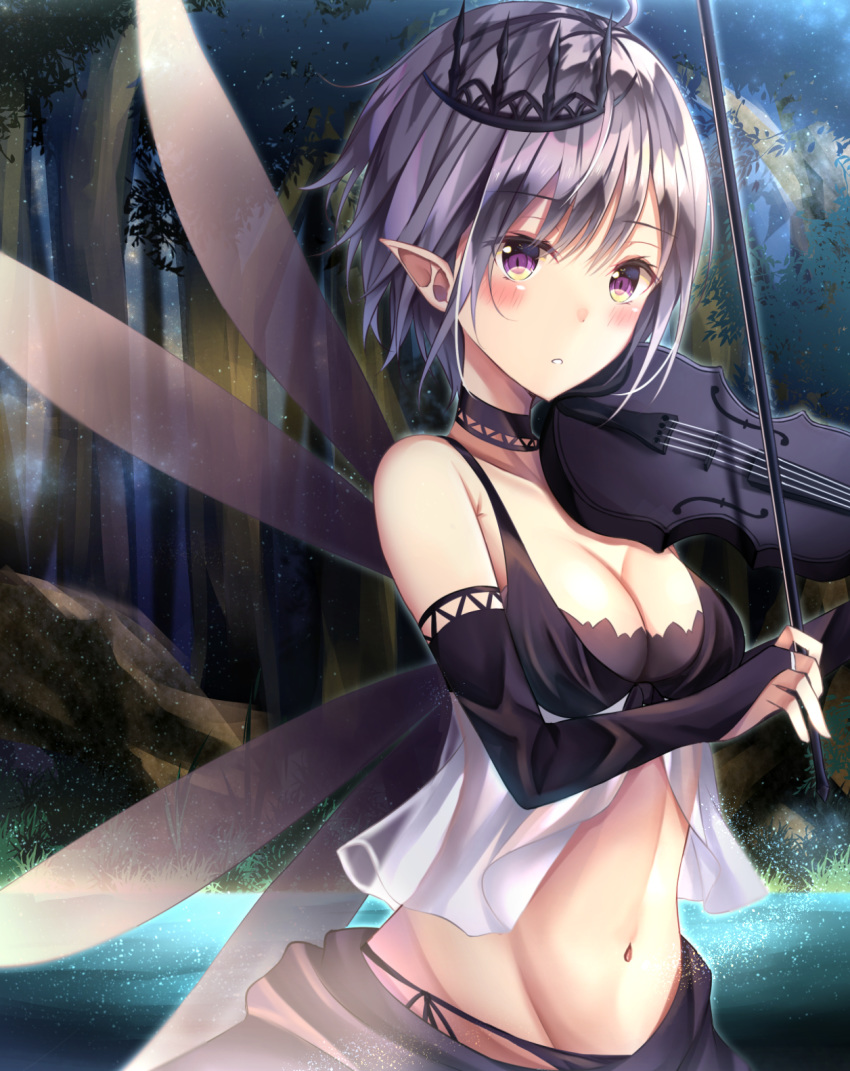 ahoge bare_shoulders bikini black_bikini black_choker black_skirt blush bow_(music) breasts bridal_gauntlets choker cleavage collarbone commentary_request fairy fairy_wings female forest grass grey_hair groin hair_between_eyes highres holding holding_instrument holding_violin instrument lake large_breasts light_particles light_rays looking_at_viewer midriff music nature navel night original outdoors parted_lips playing_instrument pointy_ears purple_eyes see-through shadow short_hair side-tie_bikini_bottom sidelocks skirt solo swimsuit tiara tree tsukasa_tsubasa upper_body violin wings