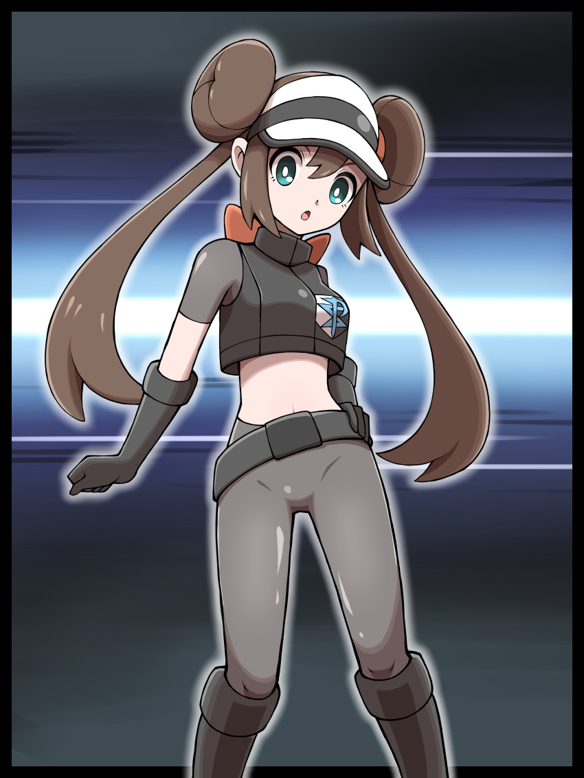 :o absurdres arrow_(symbol) belt boots breasts bright_pupils brown_hair commentary_request crop_top dialogue_box double_bun doughnut_hair_bun female gloves green_eyes hair_bun hat highres leggings logo long_hair navel open_mouth poke_ball_symbol pokemon pokemon_bw2 rosa_(pokemon) shabana_may solo team_plasma team_plasma_uniform trainer_wants_to_battle twintails vest visor_cap white_hat white_pupils