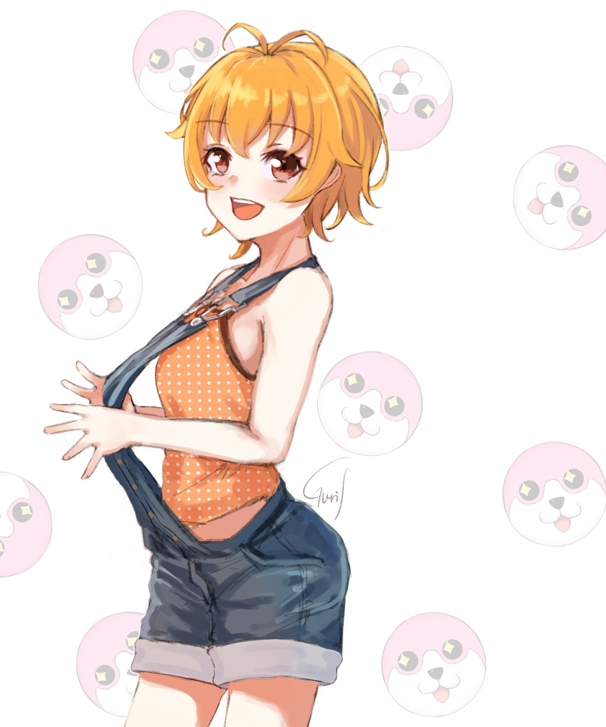 +_+ :d absurdres antenna_hair bang_dream! brown_eyes camisole commentary cowboy_shot female gurifu hello_happy_world! highres kitazawa_hagumi looking_at_viewer michelle_(bang_dream!) open_mouth orange_camisole orange_hair overall_shorts overalls polka_dot polka_dot_camisole short_hair signature smile solo teeth upper_teeth_only white_background