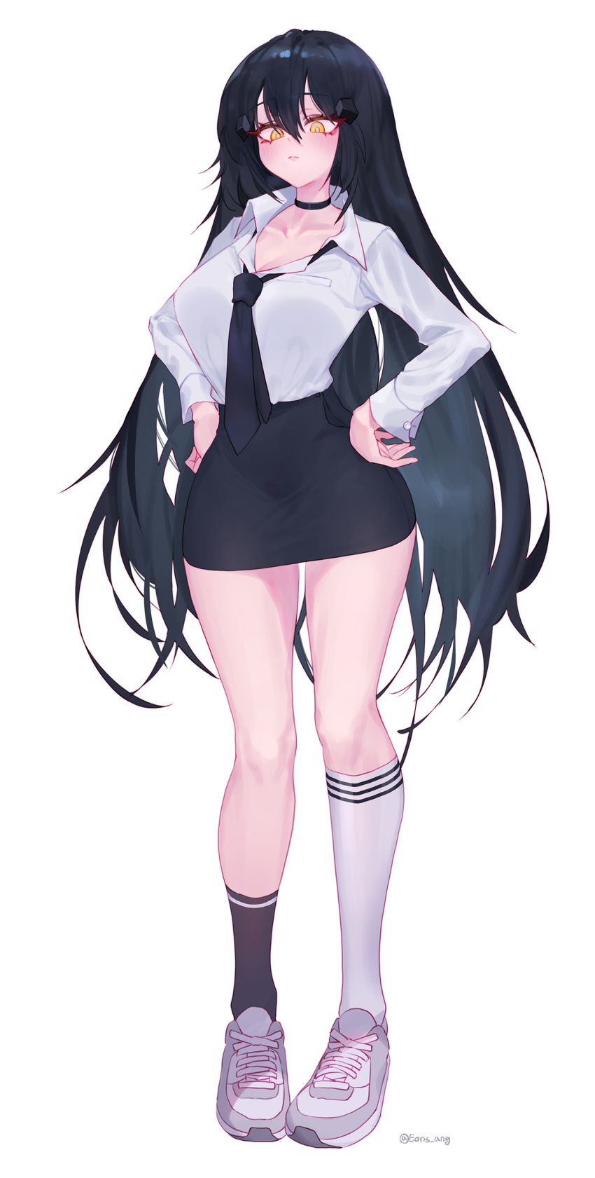 absurdres black_hair black_socks blush breasts choker cleavage commentary_request dandelion_(girls'_frontline) eonsang eyeliner female full_body girls'_frontline hair_between_eyes hands_on_own_hips highres kneehighs korean_commentary long_hair looking_at_viewer makeup necktie pencil_skirt school_uniform shoes simple_background skirt sneakers socks solo very_long_hair white_background white_socks yellow_eyes