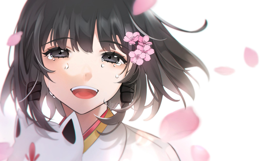 arikyami black_hair falling_petals female flower fox_mask genshin_impact hanachirusato_(genshin_impact) highres holding holding_mask japanese_clothes mask miko open_mouth petals portrait short_hair smile solo teardrop tears teeth unworn_mask