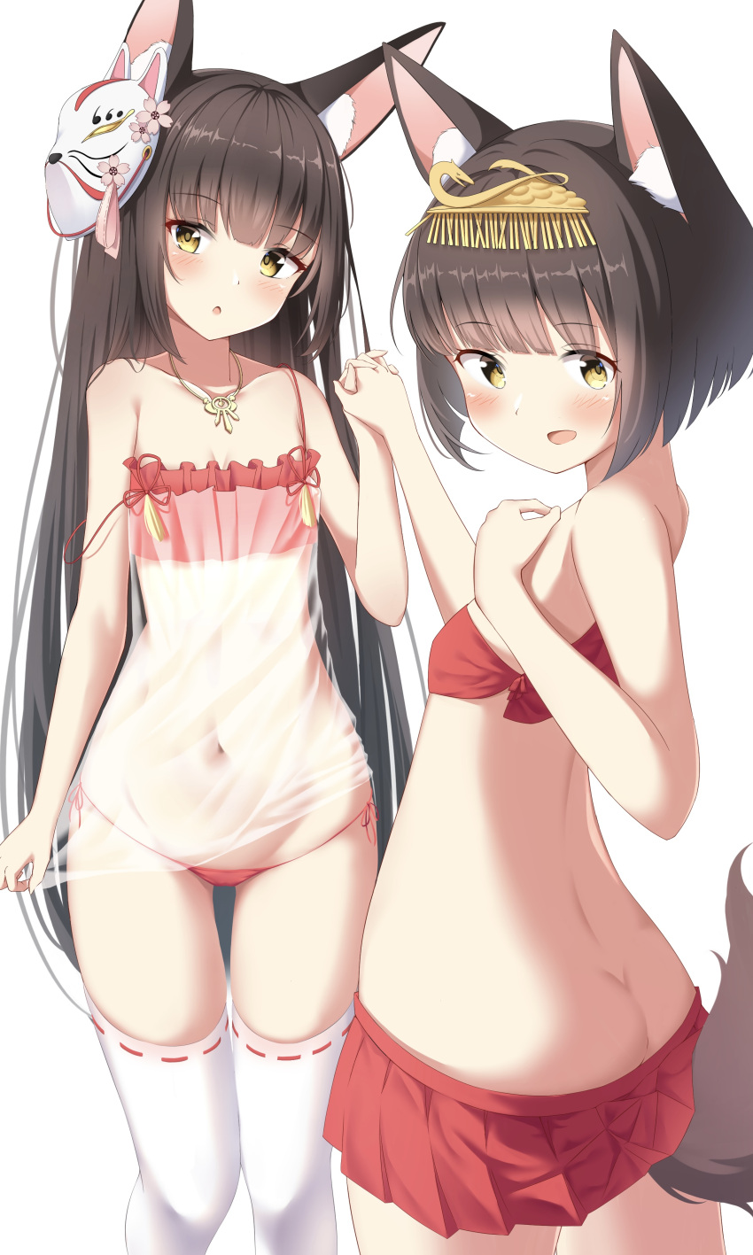 2girls absurdres animal_ears ass azur_lane blush breasts brown_eyes brown_hair butt_crack camisole cien_(shikanokuni) clothes_pull fox_ears fox_girl fox_mask fox_tail hair_ornament highres holding_hands jewelry long_hair looking_back lowleg lowleg_panties mask mask_on_head miniskirt multiple_girls mutsu_(azur_lane) nagato_(azur_lane) nagato_(great_fox's_respite)_(azur_lane) navel necklace no_panties open_mouth panties pleated_skirt red_camisole red_panties red_skirt see-through short_hair side-tie_panties simple_background skirt skirt_pull small_breasts stomach strap_slip tail thigh_gap thighhighs thighs underwear very_long_hair white_background white_thighhighs