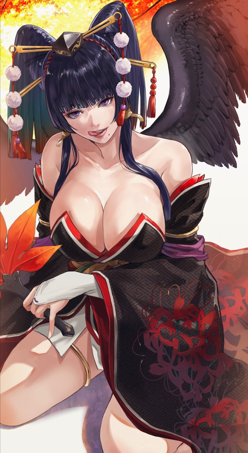 bare_shoulders black_hair black_wings breasts bridal_gauntlets cleavage commentary dead_or_alive female gauss_<bokashi hair_ornament highres japanese_clothes large_breasts licking_lips mole mole_under_mouth nyotengu purple_eyes shiny solo tongue tongue_out wings