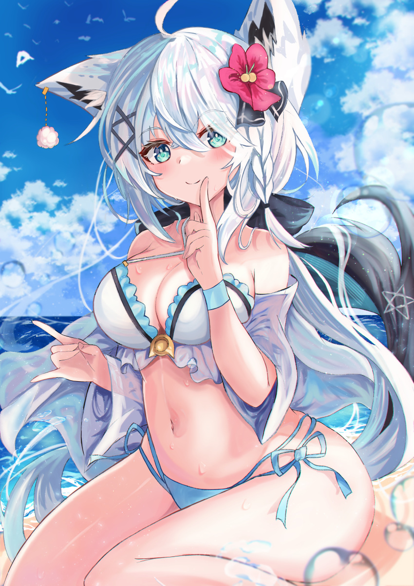 absurdres ahoge animal_ear_fluff animal_ears beach bikini blue_bikini blush braid breasts cleavage cloud cloudy_sky commentary_request day earrings female finger_to_mouth flower fox_ears fox_girl fox_shadow_puppet fox_tail green_eyes hair_between_eyes hair_flower hair_ornament hair_ribbon highres hololive index_finger_raised jewelry long_hair looking_at_viewer medium_breasts navel ocean open_clothes open_shirt outdoors pentagram ribbon shirakami_fubuki shirt sidelocks single_braid sitting sky smile solo soma443 swimsuit tail virtual_youtuber wet white_bikini white_hair white_shirt