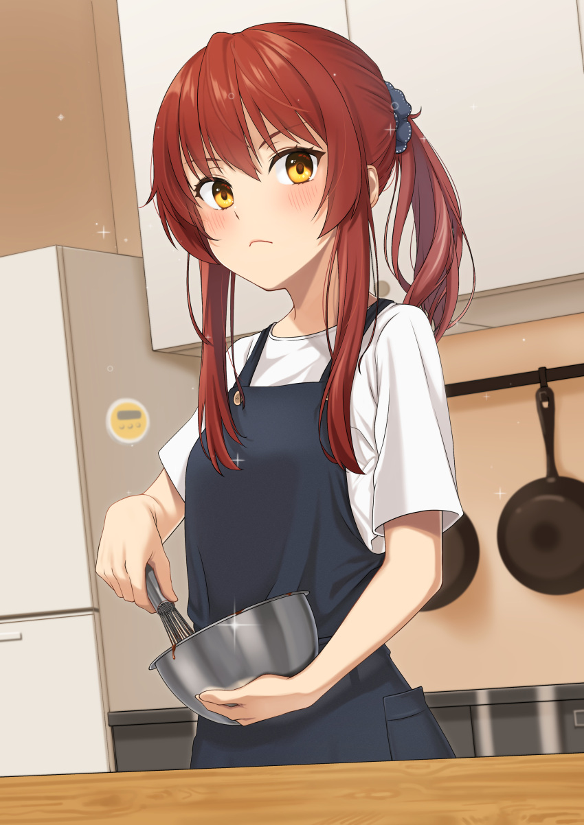 absurdres apron black_apron blush closed_mouth commentary_request cooking female frown hair_ornament highres holding kitchen long_hair looking_at_viewer original partial_commentary ponytail red_hair shirt short_sleeves sidelocks solo standing stock-world t-shirt white_shirt yellow_eyes