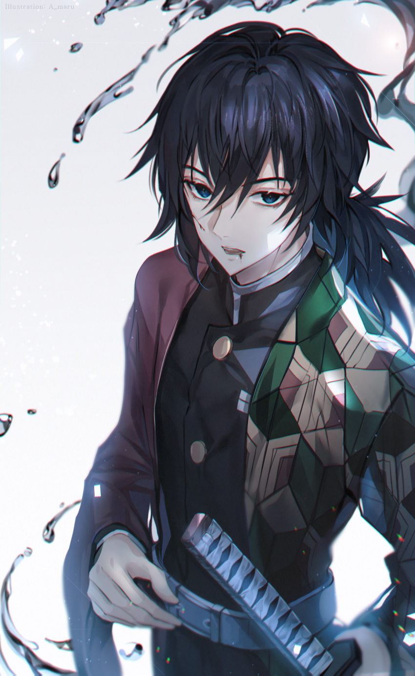 1boy a_maru absurdres bad_id bad_pixiv_id belt black_hair black_jacket blue_eyes buttons cowboy_shot demon_slayer_uniform hair_between_eyes haori highres holding holding_sheath injury jacket japanese_clothes katana kimetsu_no_yaiba long_hair long_sleeves looking_at_viewer male_focus open_mouth ponytail scabbard sheath sheathed simple_background solo sword tomioka_giyuu tsurime uniform water weapon white_background white_belt