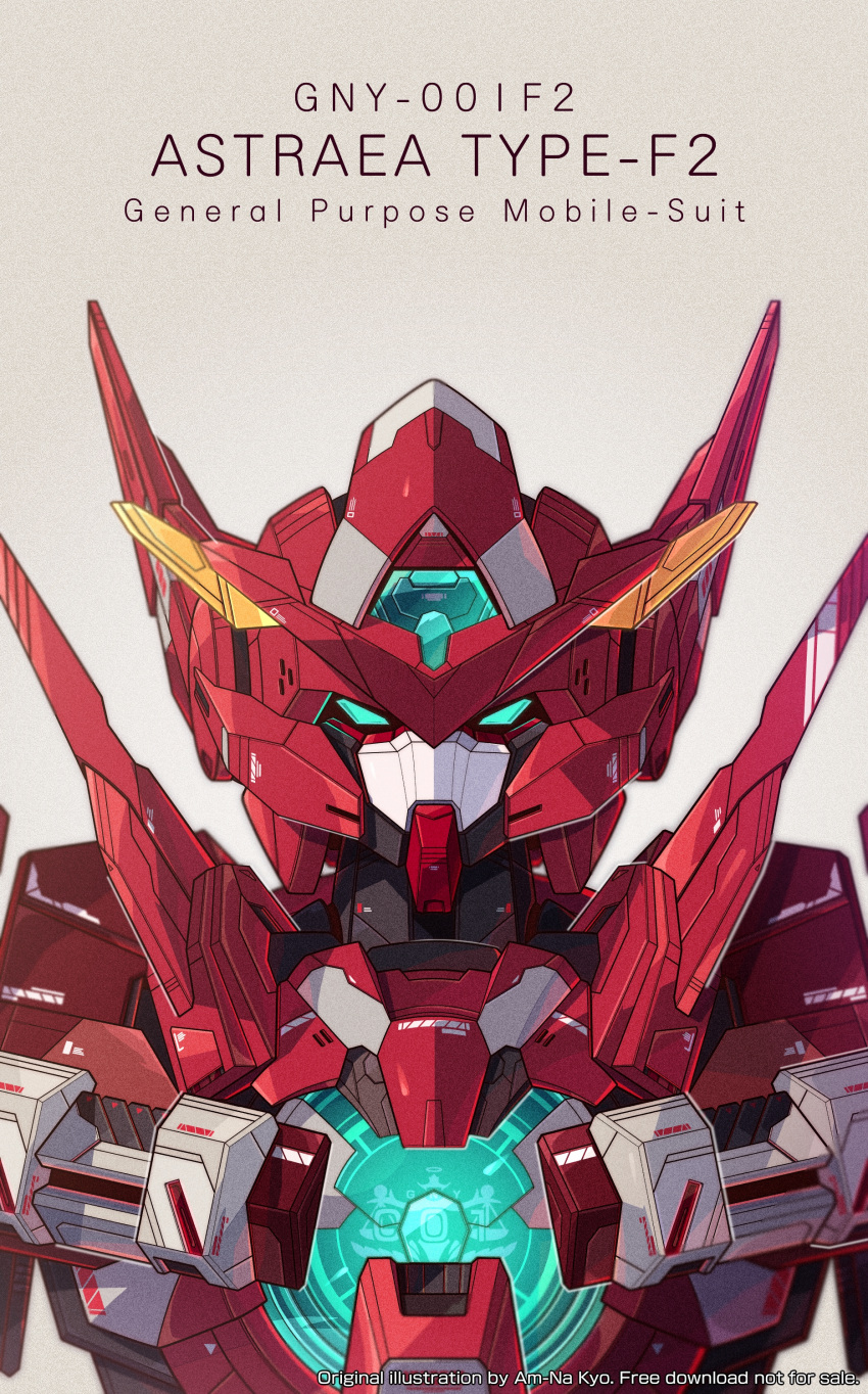 absurdres aqua_eyes artist_name azzalea character_name commentary english_commentary gradient_background green_eyes gundam gundam_00 gundam_00f gundam_astraea_type-f highres looking_at_viewer mecha mobile_suit no_humans portrait robot science_fiction solo straight-on v-fin variant_set