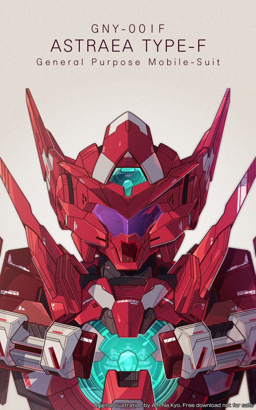 absurdres artist_name assault_visor azzalea character_name commentary english_commentary gradient_background gundam gundam_00 gundam_00f gundam_astraea_type-f highres looking_at_viewer mecha mobile_suit no_humans portrait robot science_fiction solo straight-on v-fin variant_set