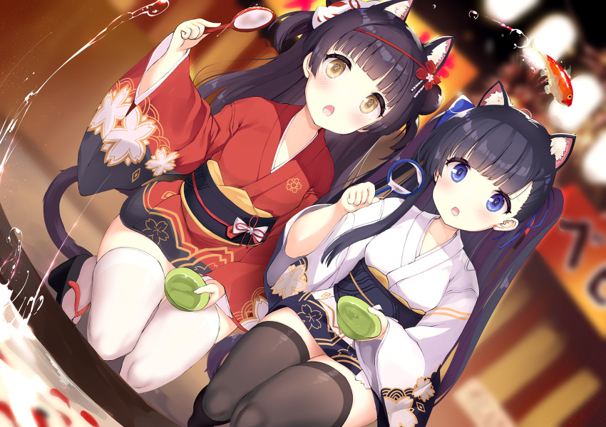 2girls animal animal_ear_fluff animal_ears azur_lane black_footwear black_hair black_legwear blue_eyes blurry blurry_background blush brown_eyes cat_ears cat_girl cat_tail commentary_request depth_of_field dutch_angle fish fox_mask goldfish goldfish_scooping hatsuharu_(azur_lane) high_heels highres holding japanese_clothes kimono long_hair mask mask_on_head multiple_girls obi ochinsama open_mouth poi_(goldfish_scoop) red_kimono sandals sash squatting tabi tail thighhighs two_side_up very_long_hair water white_kimono white_thighhighs yukata yuugure_(azur_lane) yuugure_(summer_festival_shopping)_(azur_lane) zouri