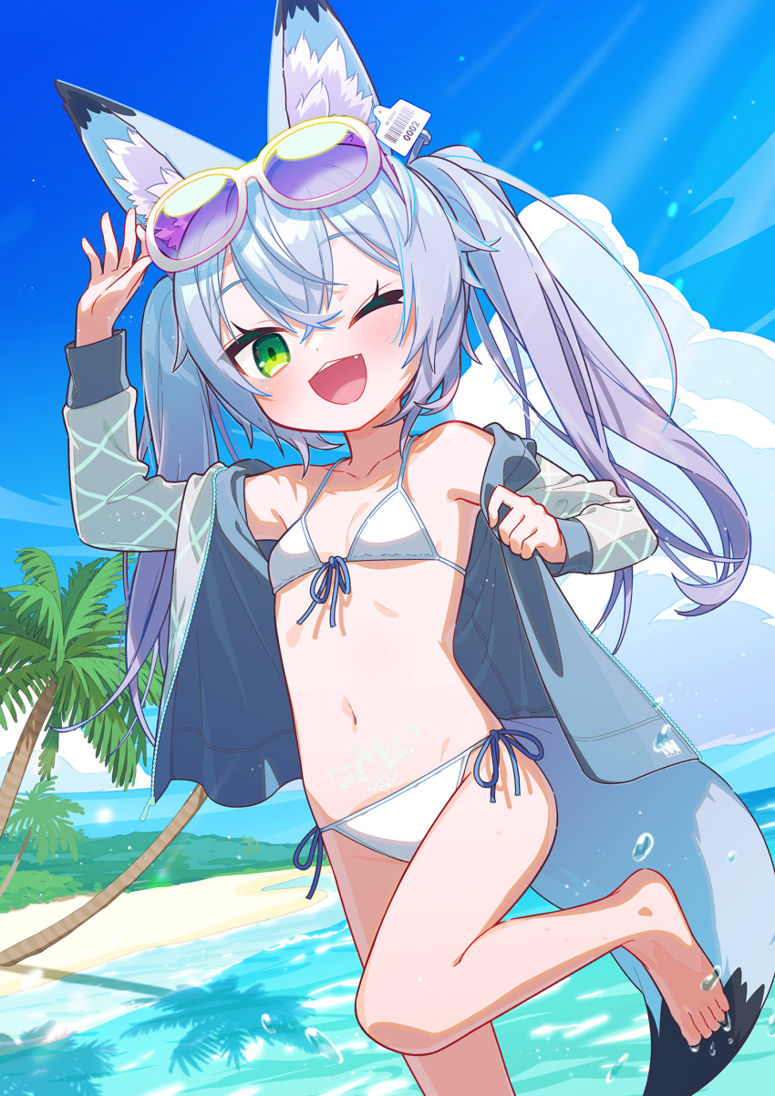 ;d animal_ear_fluff animal_ears barefoot beach bikini blue_sky breasts cloud commentary_request commission day eyewear_on_head female hand_up highres looking_at_viewer ocean oerba_yun_fang one_eye_closed open_mouth original outdoors palm_tree skeb_commission sky small_breasts smile solo sunglasses sunlight swimsuit tail tree uchako water white_bikini