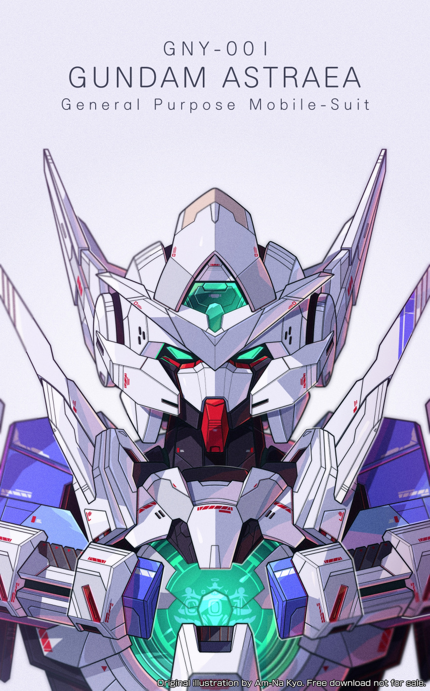 absurdres artist_name azzalea character_name commentary english_commentary gradient_background green_eyes gundam gundam_00 gundam_00f gundam_astraea highres looking_at_viewer mecha mobile_suit no_humans portrait robot science_fiction solo straight-on v-fin variant_set