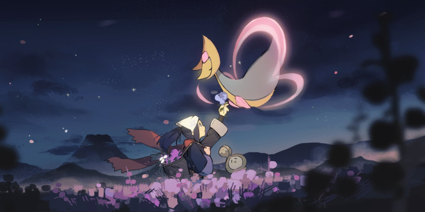 akari_(pokemon) arm_up backpack bag black_shirt blurry budew cloud commentary cresselia female field flower flower_field head_scarf highres holding holding_flower jacket long_hair mountain night olopheris outdoors pokemon pokemon_(creature) pokemon_legends:_arceus ponytail shirt sky symbol-only_commentary white_headwear