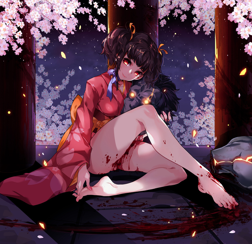 alicecrazy bare_legs barefoot black_hair blood blood_on_feet blood_on_leg blood_stain brown_hair cherry_blossoms choker closed_mouth commentary corpse dark-skinned_female dark_skin feet female floral_print full_body glowing glowing_eyes guro hair_ribbon hand_on_own_foot hands_on_feet head_tilt highres holding_feet japanese_clothes kabane kimono koutetsujou_no_kabaneri legs long_legs long_sleeves looking_at_viewer monster mumei_(kabaneri) obi petals photoshop_(medium) red_eyes reverse_ryona ribbon ribbon_choker sash severed_head short_hair short_kimono sitting smile solo toes twintails wide_sleeves yellow_eyes