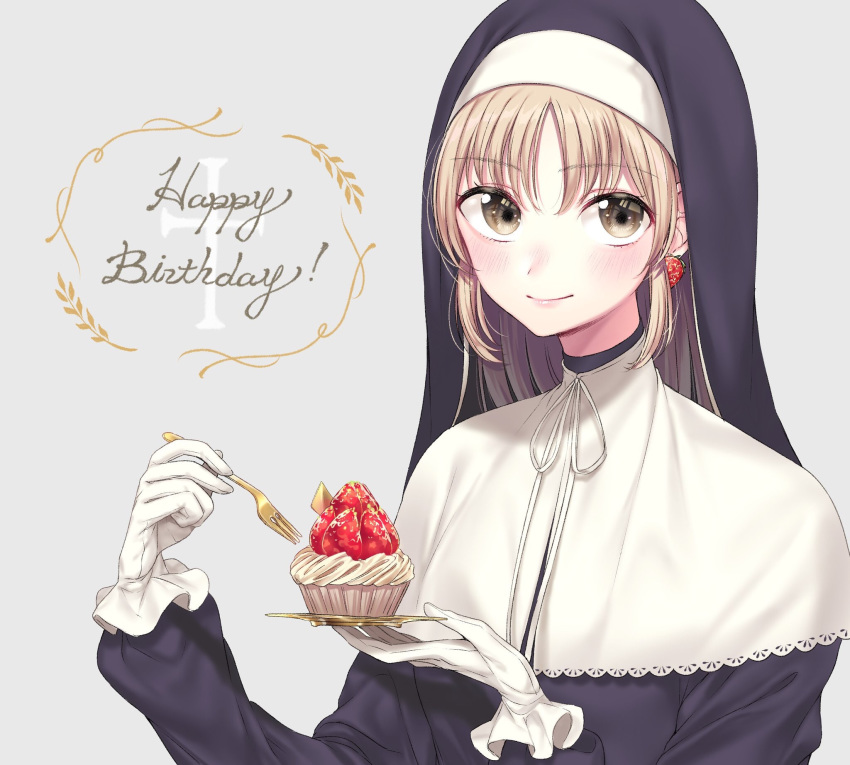 black_dress blush brown_eyes capelet closed_mouth commentary_request dress earrings female food fork fruit gloves grey_background habit hair_between_eyes hands_up happy_birthday highres holding holding_fork jewelry light_brown_hair long_hair long_sleeves nijisanji nun puffy_long_sleeves puffy_sleeves sister_claire sister_claire_(1st_costume) smile solo strawberry traditional_nun umeno virtual_youtuber white_capelet white_gloves