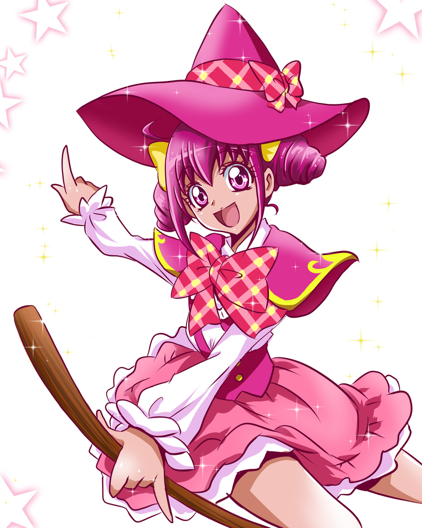 :d absurdres alternate_uniform arudebido bow broom commentary_request cosplay cowboy_shot female hairbow hat hat_bow highres hoshizora_miyuki in-franchise_crossover looking_at_viewer magic_school_uniform mahou_girls_precure! open_mouth pink_eyes pink_hair pink_hat pink_skirt pink_theme plaid plaid_bow precure school_uniform shawl short_hair short_twintails skirt smile smile_precure solo star_(symbol) twintails white_background witch_hat yellow_bow