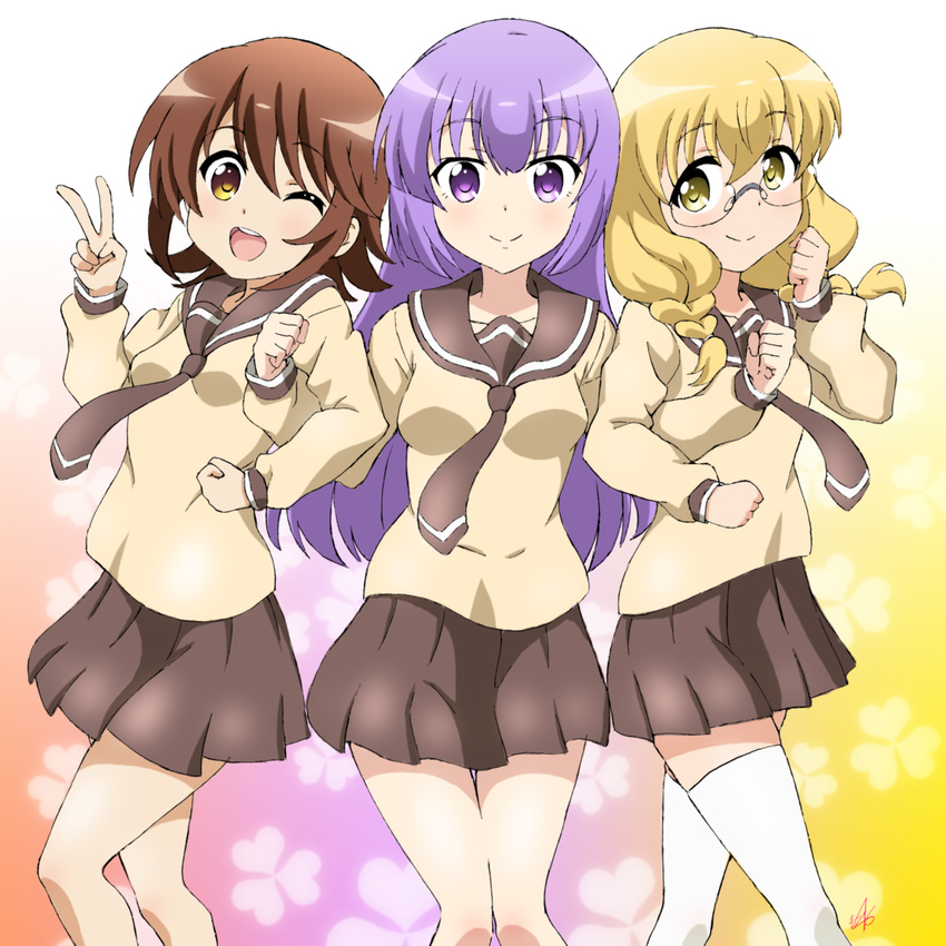 3girls blonde_hair braid brown_hair commentary_request glasses hayama_teru highres long_hair multiple_girls nishikawa_youko odagiri_futaba one_eye_closed purple_eyes purple_hair sansha_san'you school_uniform serafuku short_hair twin_braids v vzmk2 yellow_eyes