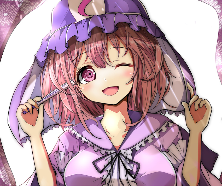 ;d bad_id bad_pixiv_id dress female folded_fan folding_fan hand_fan hat highres looking_at_viewer one_eye_closed open_mouth pink_dress pink_eyes pink_hair saigyouji_yuyuko smile solo touhou upper_body veil velia