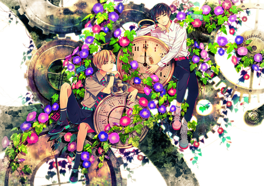 akiakane all_male black_hair blonde_hair flowers industrial male original short_hair shorts socks tie wristwear