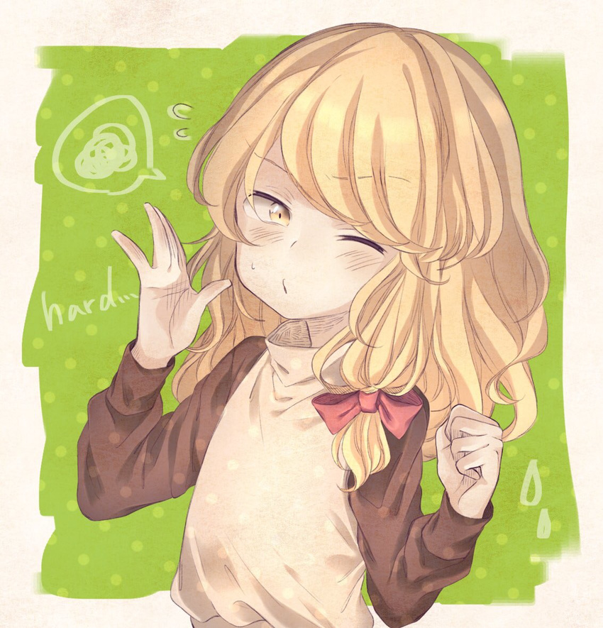 ;o awkward bad_id bad_twitter_id black_shirt blonde_hair blush border bow clenched_hand commentary english_text female flying_sweatdrops green_background hair_ribbon hairbow iiha_toobu kirisame_marisa layered_clothes long_hair long_sleeves looking_at_viewer one_eye_closed outside_border polka_dot polka_dot_background pose puckered_lips ribbon shirt simple_background solo speech_bubble spoken_squiggle squiggle sweat touhou tress_ribbon turtleneck v-shaped_eyebrows white_border yellow_eyes