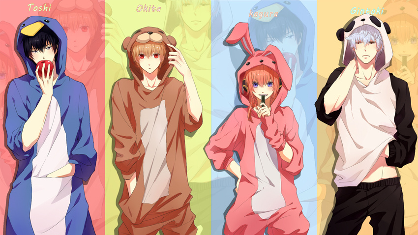 animal_ears apple black_hair blonde_hair blue_eyes blush bunny_ears feiqiuxuan food fruit gintama hijikata_toshiro hoodie kagura_(gintama) male okita_sougo orange_hair red_eyes sakata_gintoki white_hair