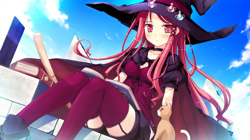 bolero book breasts cape cropped_jacket feline female game_cg hat hinomiya_ayari ko~cha long_hair outdoors red_eyes red_hair red_legwear red_thighhighs sky solo thighhighs very_long_hair witch's_garden witch_hat