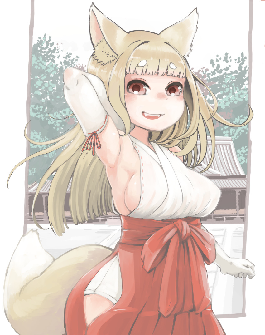 :d absurdres animal_ears armpits blonde_hair blunt_bangs blush breasts commentary elbow_gloves fangs female fox_ears fox_tail gloves hakama hakama_skirt hare_(tetterutei) high-waist_skirt highres japanese_clothes large_breasts long_hair looking_at_viewer miko no_bra nose_blush open_mouth original outdoors red_eyes red_hakama shrine side_slit sideboob skirt smile solo standing tail thick_eyebrows white_gloves