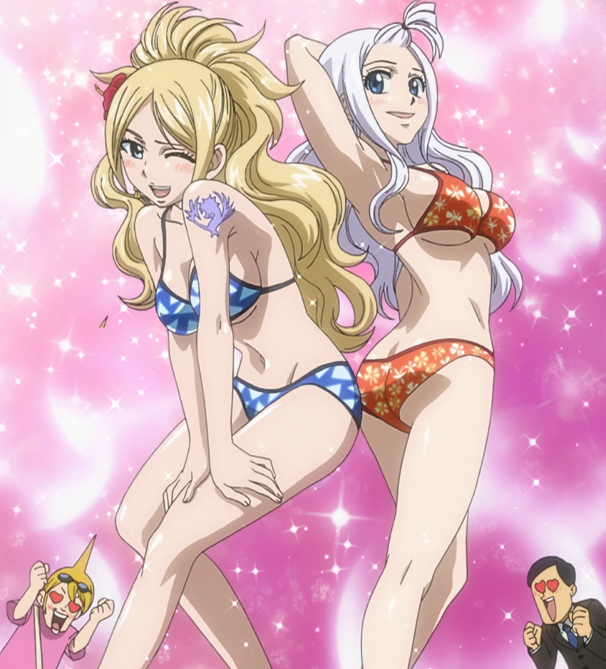 1boy 2boys 2girls ass ass-to-ass bikini blonde_hair blue_eyes blush breasts butt_crack fairy_tail heart heart_eyes highres jenny_realight large_breasts long_hair mirajane_strauss multiple_boys multiple_girls pose screencap silver_hair smile stitched swimsuit tattoo white_hair