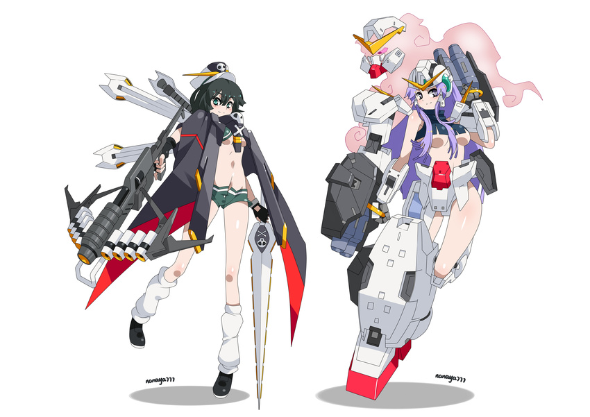 2girls absurdres aqua_eyes black_hair bowgun breasts cape commentary_request crossbone_gundam crossbone_gundam_x-1 crossbow gundam gundam_00 gundam_nadleeh gundam_virtue highres kumoi_ichirin long_hair mecha_musume medium_breasts multiple_girls murasa_minamitsu nanaya777 photoshop_(medium) purple_eyes purple_hair short_hair sword touhou unzan weapon